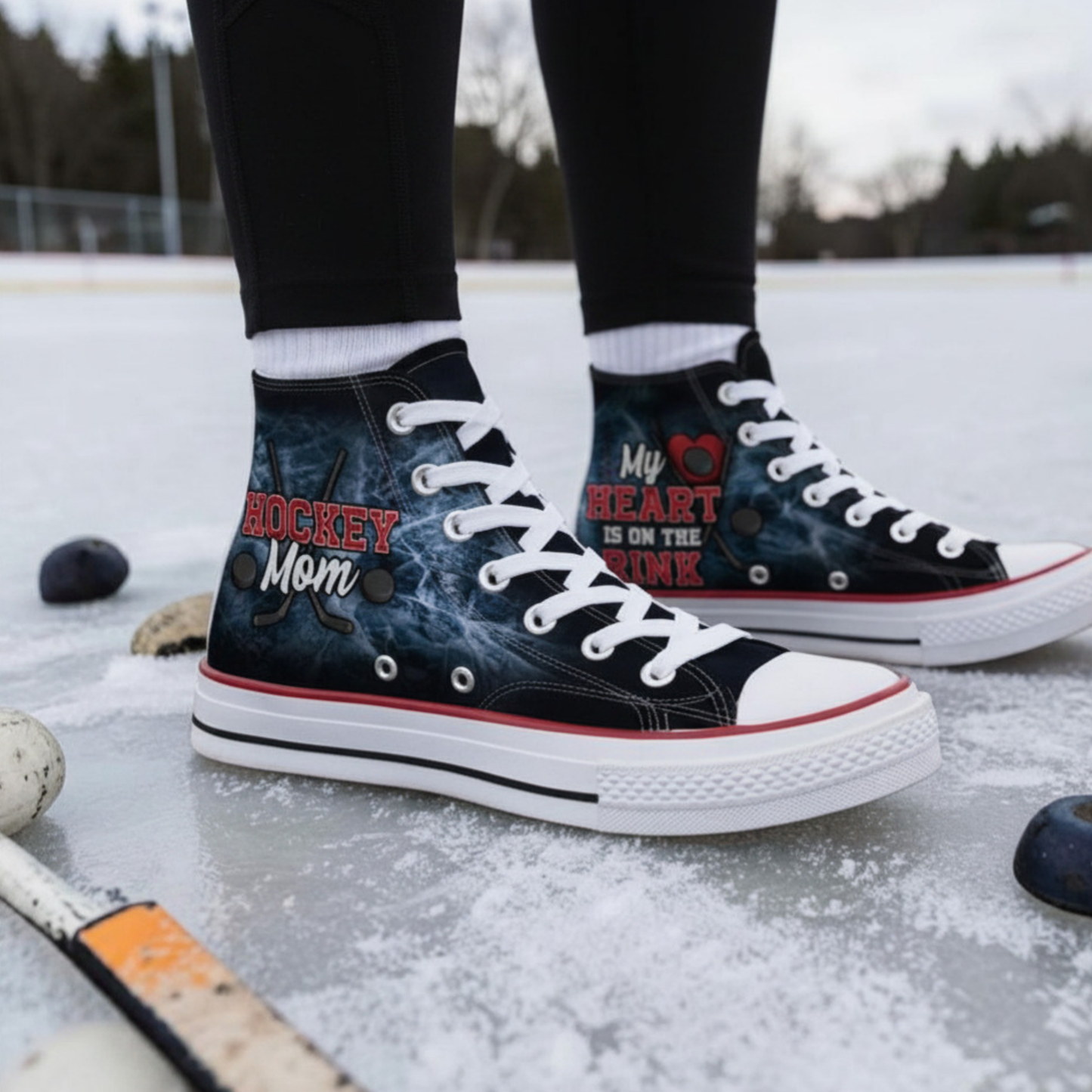 Hockey Mom High-Top Sneakers – “My Heart Is On The Rink” Custom Hockey Fan Shoes
